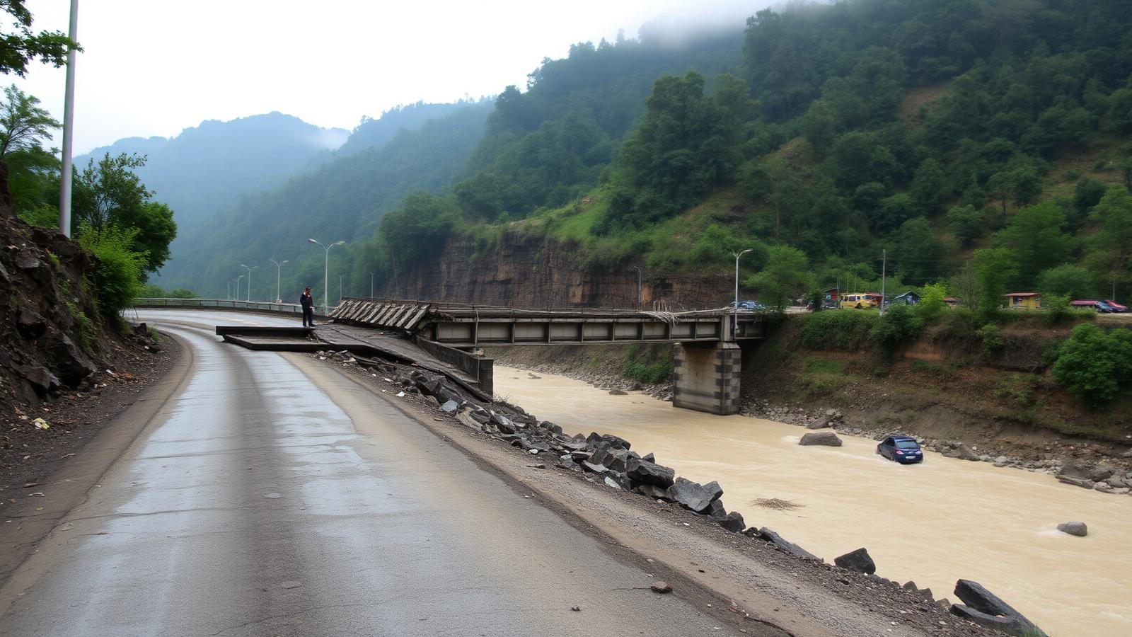 Washed-out mountain road and collapsed bridge