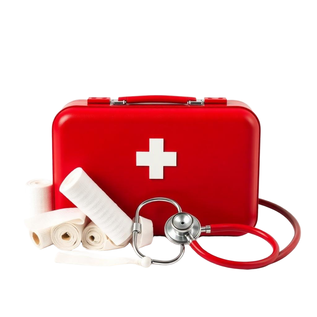 First-aid case, bandages and basic medical equipment