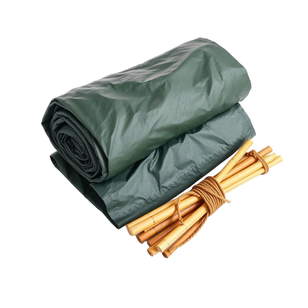 Tarpaulin, poles and rope